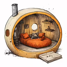 a drawing of a sleeping pod with a cat and mouse