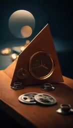 a clock sitting in the middle of some coins