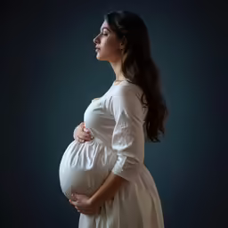 a pregnant woman poses for a picture while standing against a dark background