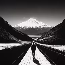 a person walking on a train track near mountains,there is a man that is standing on the tracks