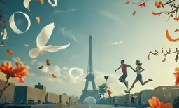 two people running away from the eiffel tower