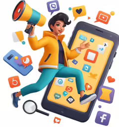a woman holding a large megaphone over a phone