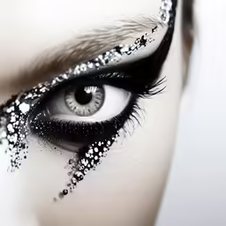 the image shows a face with a winged eyelashes, her eyes are made to look like glitter