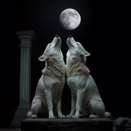 two white dogs sitting in front of the moon