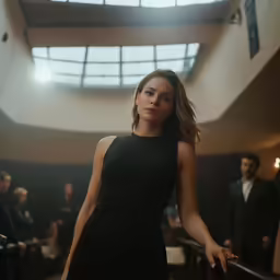 a woman wearing a black dress standing on stairs
