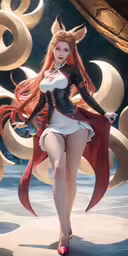 a woman with red hair and bangs is wearing an anime outfit