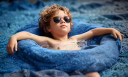 a young boy with sun glasses laying in a towel