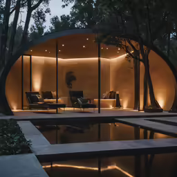 a modern building with a pool at night
