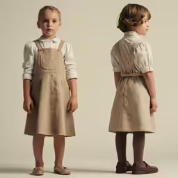 two young girls stand side by side wearing aprons and linen dresses