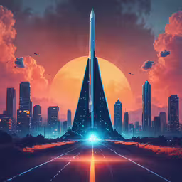 a sunset view with a very futuristic looking building,a futuristic highway with a glowing tower in the middle of the road