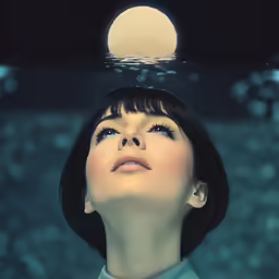 the floating person in the water is looking up at the light