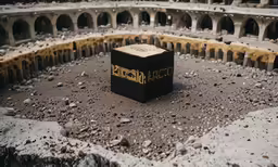 a box sits in a pit between two concrete pillars