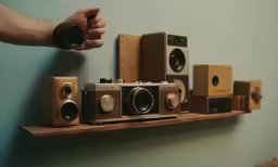 a wooden shelf with several different objects on it