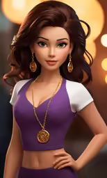 an animated woman wearing a purple outfit and gold earrings