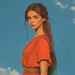 a woman in an orange dress posing for a photograph