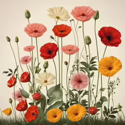 a painting of several different colored flowers on a white background
