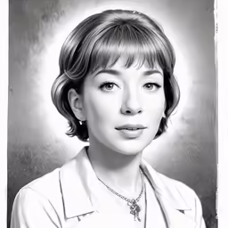 an older woman wearing a white shirt and silver necklace