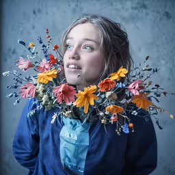 a person holding a bunch of flowers on their heads