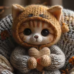 a doll with big eyes holding a stuffed animal,an animal in a knitted cap with a teddy bear
