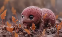 a red stuffed animal sits in the ground
