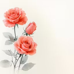 three pink roses are in a vase, with white background