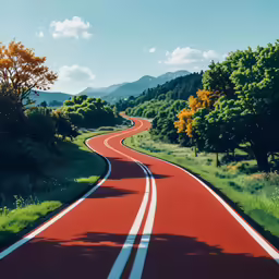 a road with white lines and trees around