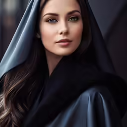 a woman with long dark hair in a black outfit