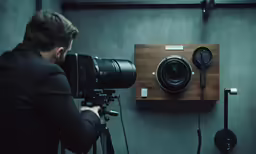 man standing in front of a camera holding a video camera
