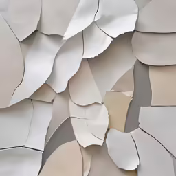various pieces of metal art in grey, beige and white