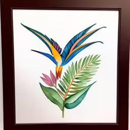 a watercolor painting depicting leaves, birds and a plant,a framed picture with the bird of paradise on it