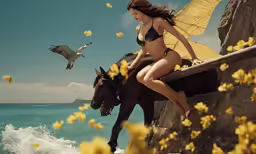 woman riding on the back of a brown horse near the ocean