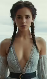 a woman wearing a dress and wearing a crown and braid