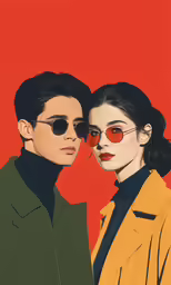 two people with red tinted glasses are shown