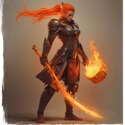 a woman with an orange hair and armor holding a sword and a ball