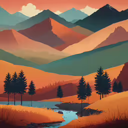 painting of mountains and stream by a lake in the morning,a mountain scene with trees and water in the foreground