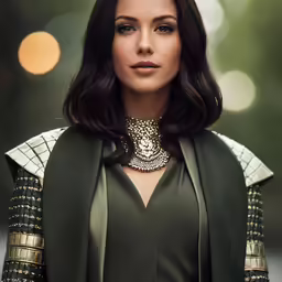 a woman with dark hair and green blouse with gold jewelry