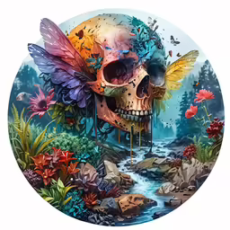 a painting of a skull with colorful feathers on it