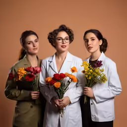 a group of three women in lab coats hold flowers