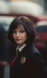 the lady has short dark hair and a red striped tie