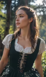 a woman in a black dress is looking off to the side