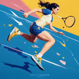 an acrylic painting of a woman tennis player running