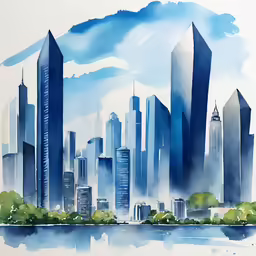 painting with watercolors of cityscape and trees near water