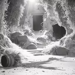 an archway entrance in the middle of a snowy landscape