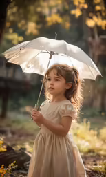 girl holding a white umbrella outdoors in a sunny garden