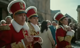 several people in red costume on a city street