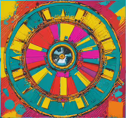 a brightly colored circular picture on a colorful ground,abstract painting with the inside spinning on colorful paint