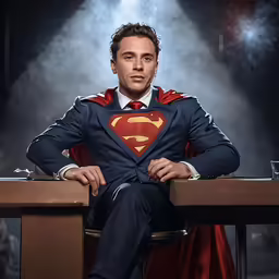 the man is wearing a superman suit and tie
