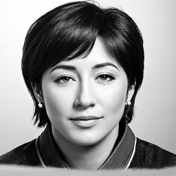 black and white photograph of a woman with short hair wearing a collared top