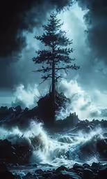 a tree surrounded by water, clouds, and rocks