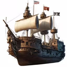 a very old ship with flags on the mast